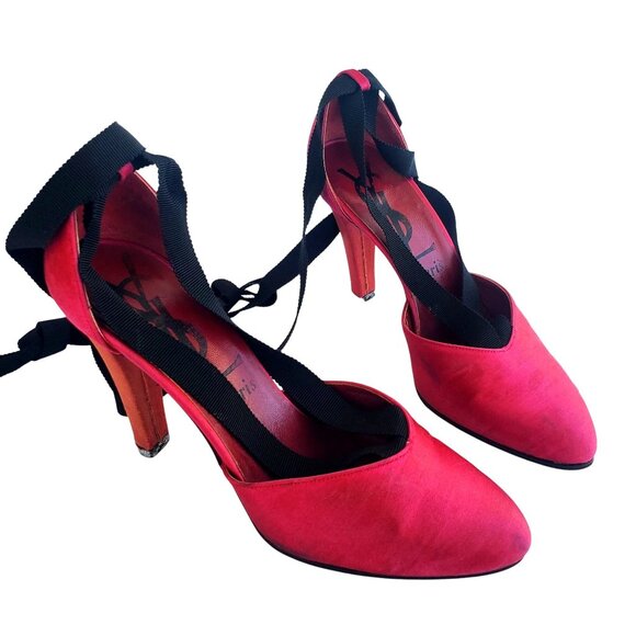 Vintage YSL Paris Silk Pumps 80s Yves San Laurent Strappy Heels 5 1/2 M - Picture 8 of 15
